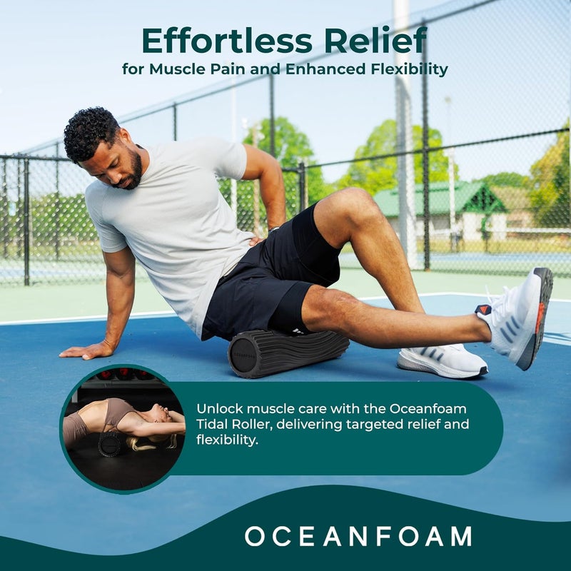 Oceanfoam Tidal Roller - Black - Muscle Massage Foam Roller for Back Pain & Stretching - Firm and Ergonomic Wide Wave Textured - Yoga, Athletics, & Wellness - Full Size, 20" x 5" - Image 4